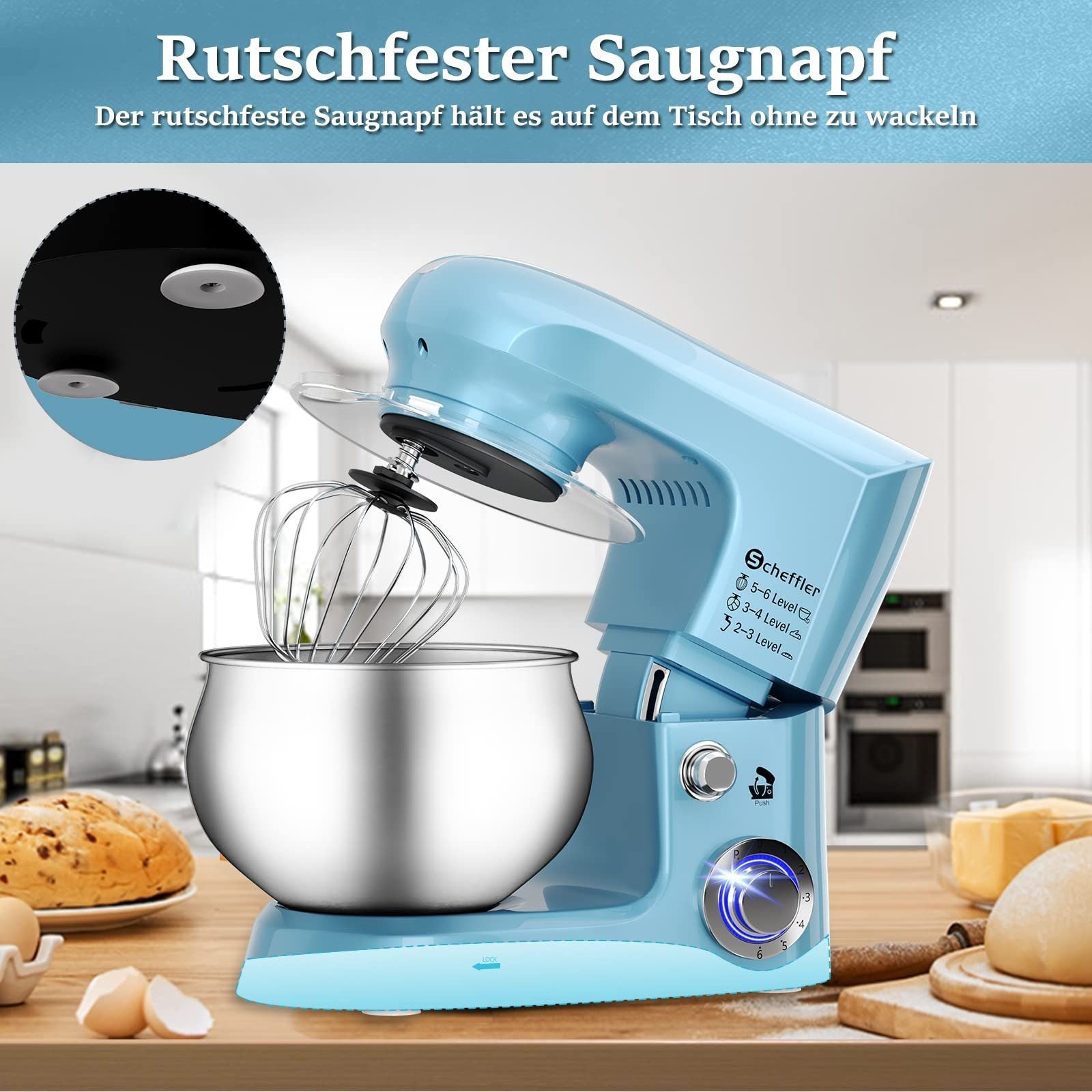 5L, 2000W, 6-Gang Knetmaschine, Küchenmaschine mit Edelstahl-Schüssel