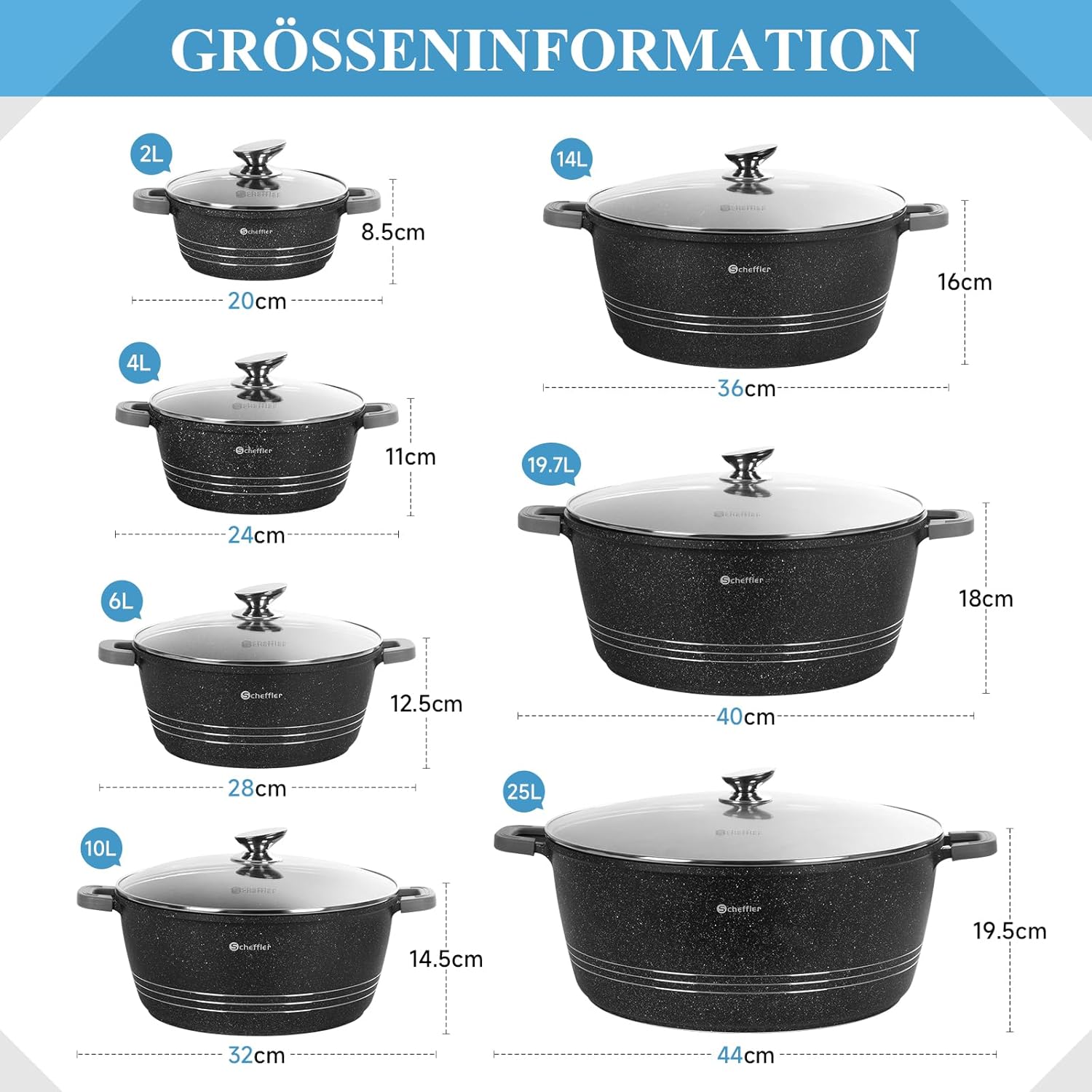 Pot set 24cm, 4L&amp;28cm, 6L&amp;32cm, 10L&amp;36cm, 14L cooking pot set induction with glass lid