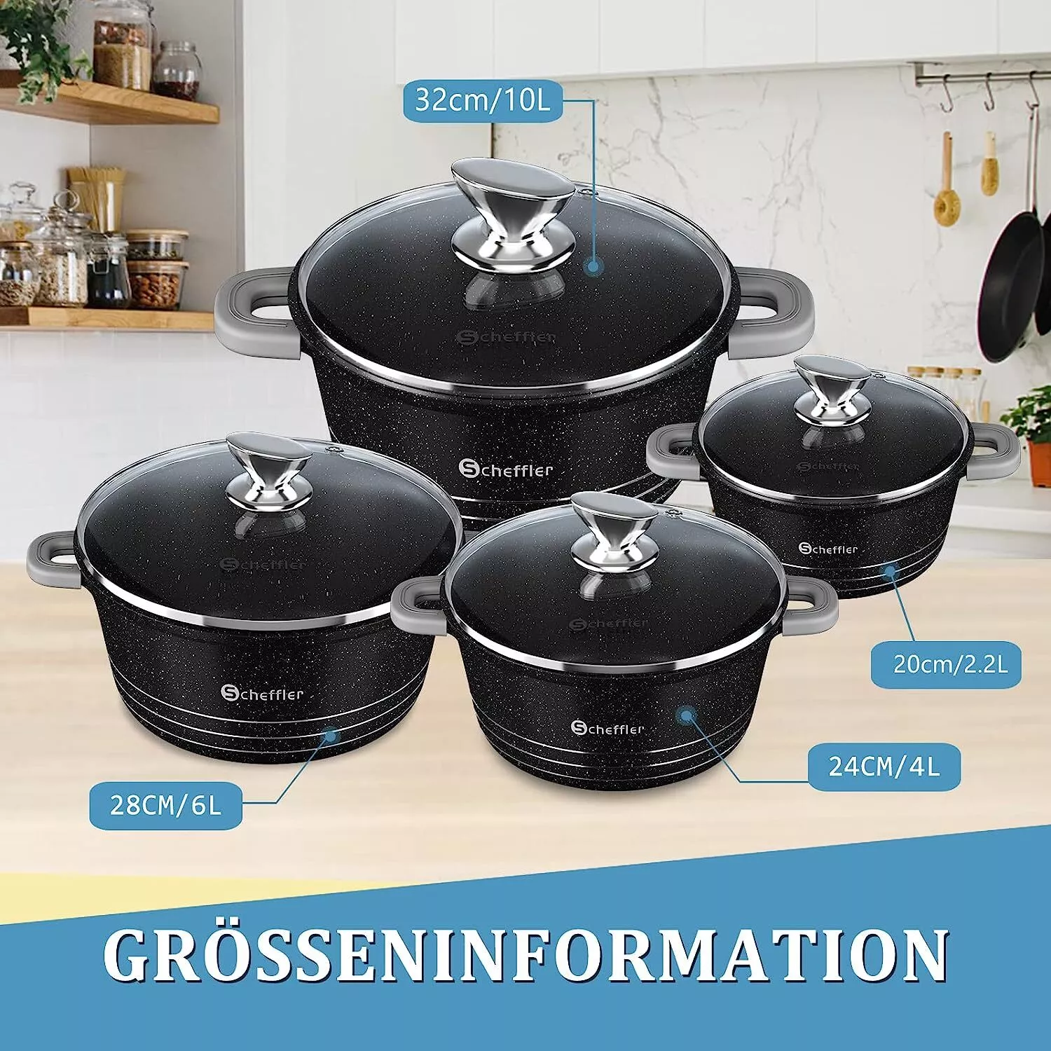 Pot set 24cm, 4L&amp;28cm, 6L&amp;32cm, 10L&amp;36cm, 14L cooking pot set induction with glass lid