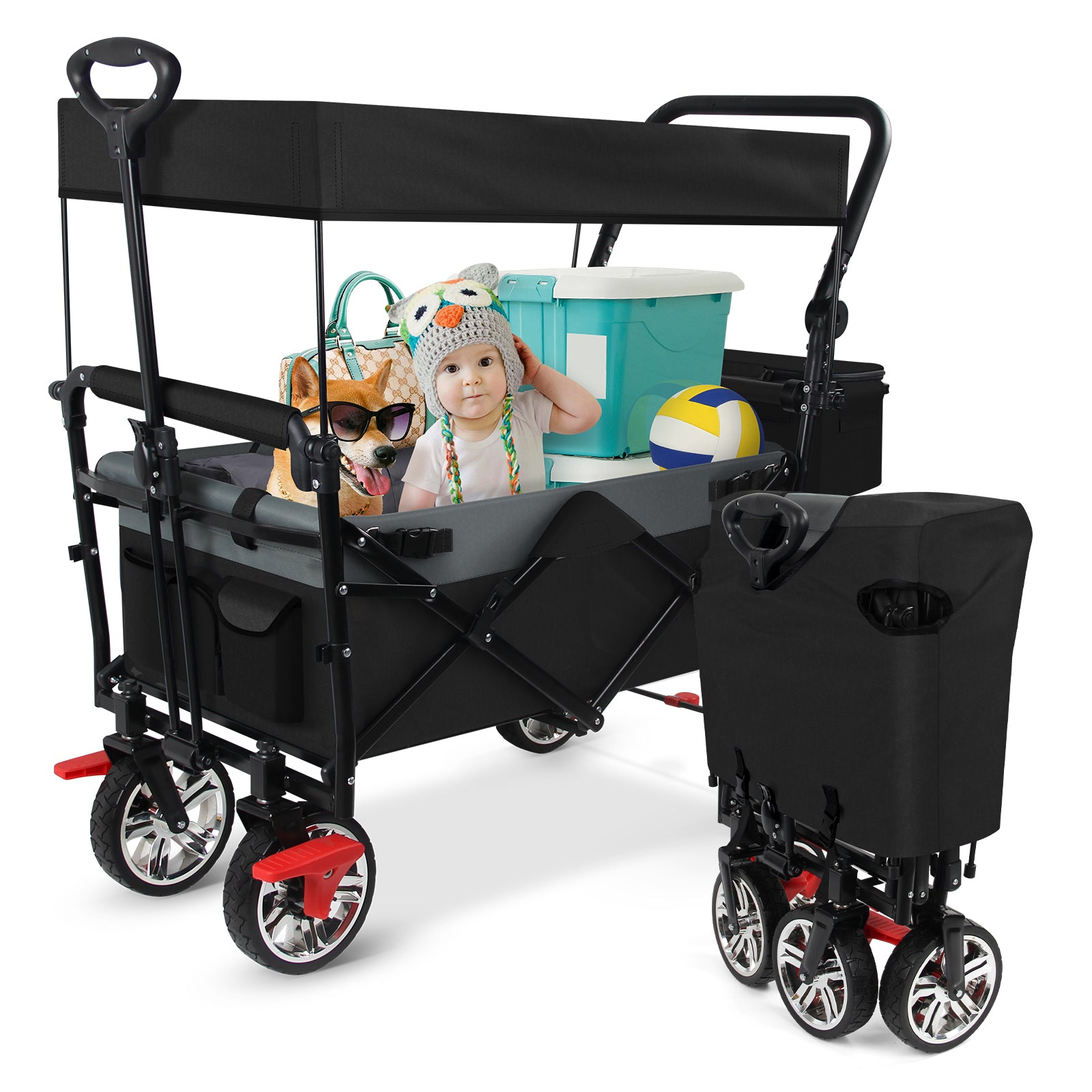 Bollerwagen faltbar mit Dach Handwagen Transportwagen klappbar Vollgummi-Reifen nutzbar als Gartenwagen Handwagen & Transportwagen HOMELUX Schwarz