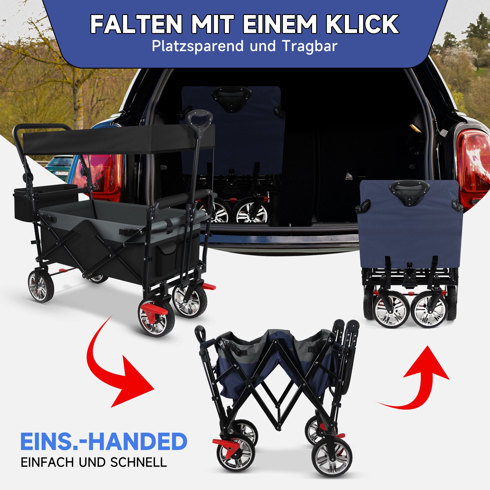 Bollerwagen faltbar mit Dach Handwagen Transportwagen klappbar Vollgummi-Reifen nutzbar als Gartenwagen Handwagen & Transportwagen HOMELUX Schwarz