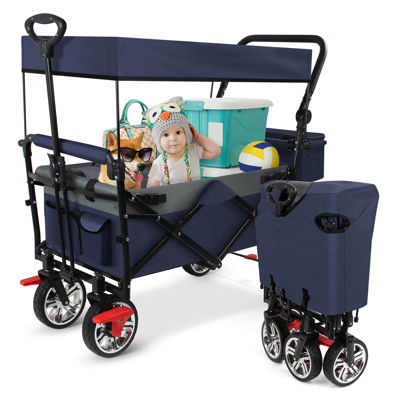 Bollerwagen faltbar mit Dach Handwagen Transportwagen klappbar Vollgummi-Reifen nutzbar als Gartenwagen Handwagen & Transportwagen HOMELUX Blau