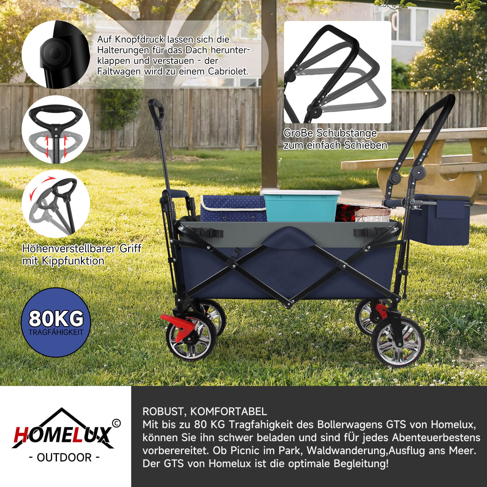 Handcart foldable with roof Handcart Transport cart foldable solid rubber tires can be used as a garden cart Handcart &amp; Transport cart HOMELUX Blue