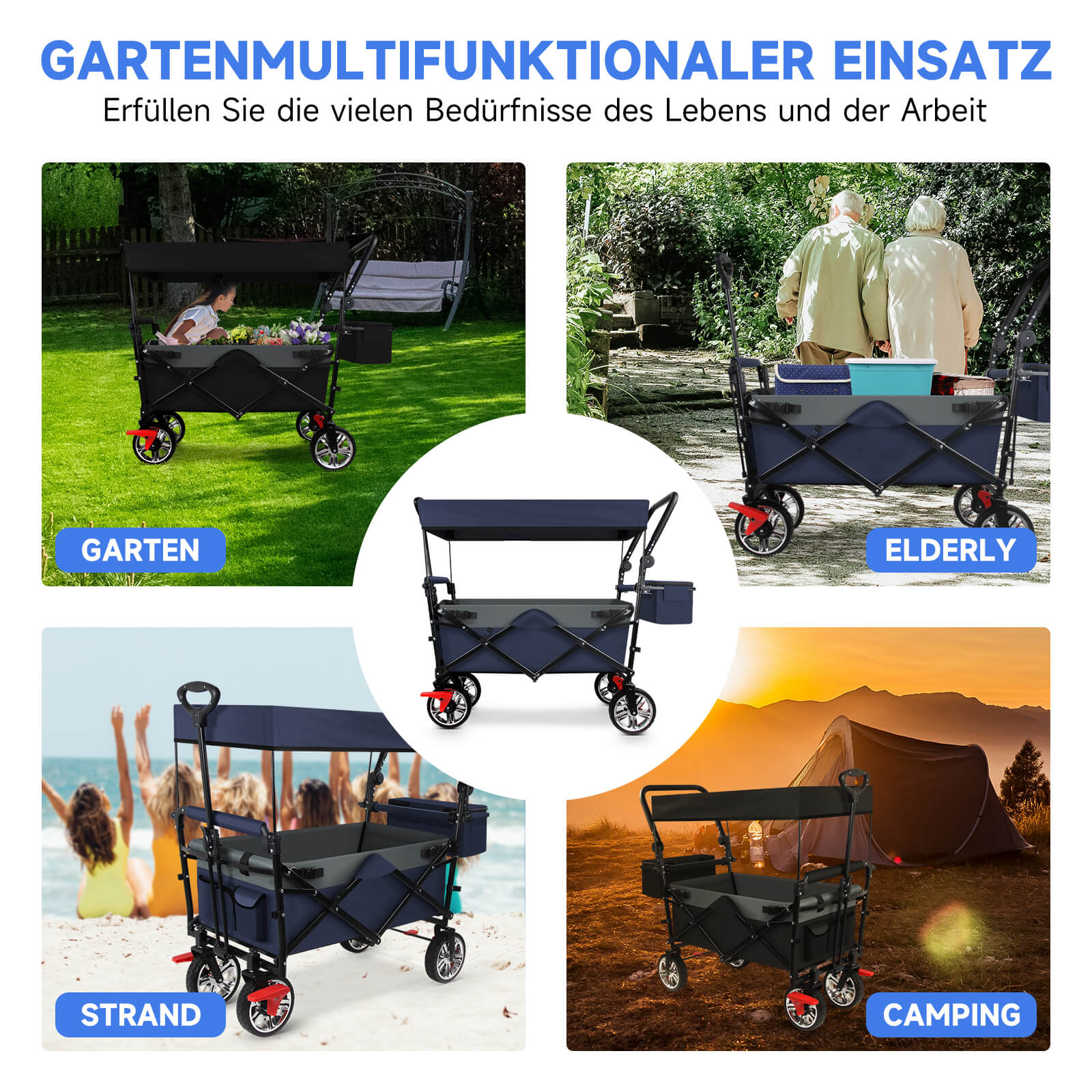 Handcart foldable with roof Handcart Transport cart foldable solid rubber tires can be used as a garden cart Handcart &amp; Transport cart HOMELUX Blue