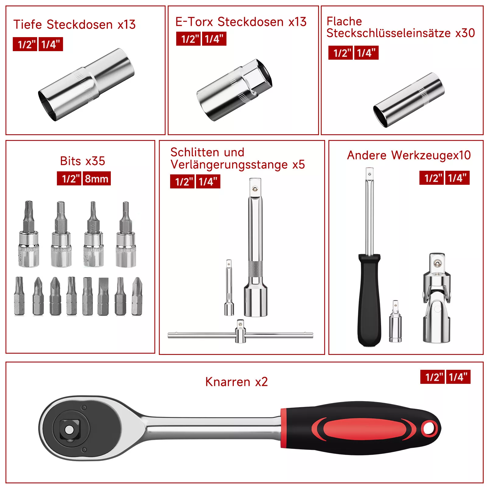 Set von 108teiligen Steckschlüsseln in einem Ratschenkasten, einschließlich 1/4" und 1/2", mit Werkzeugtasche