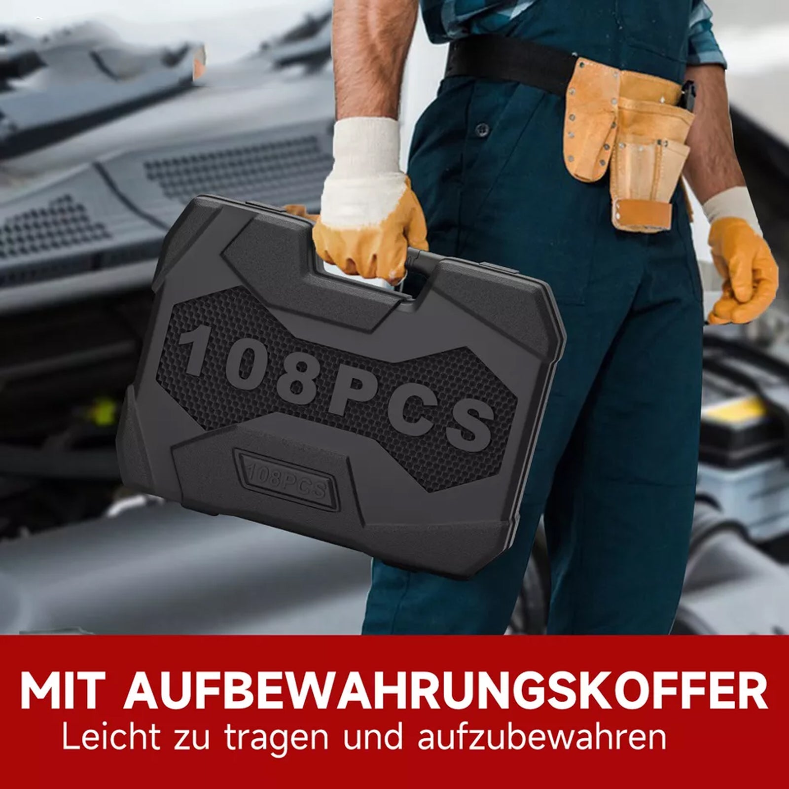 Set von 108teiligen Steckschlüsseln in einem Ratschenkasten, einschließlich 1/4" und 1/2", mit Werkzeugtasche