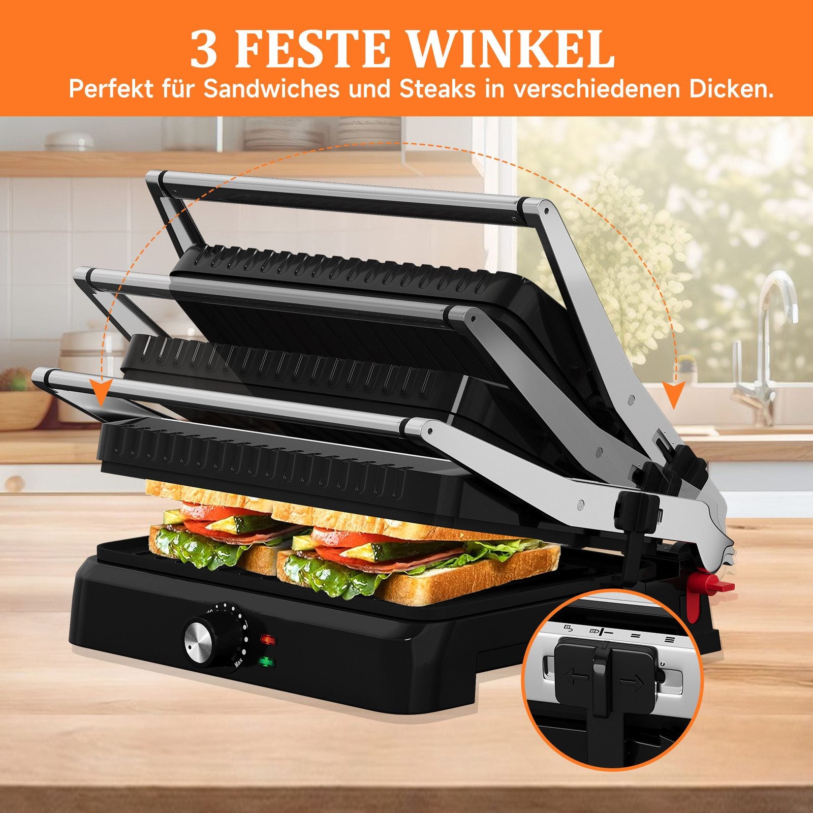 Contact grill sandwich maker panini grill 2200W toaster HOMELUX 34x23CM 3-in-1 multifunctional grill for paninis, steaks, sandwiches 