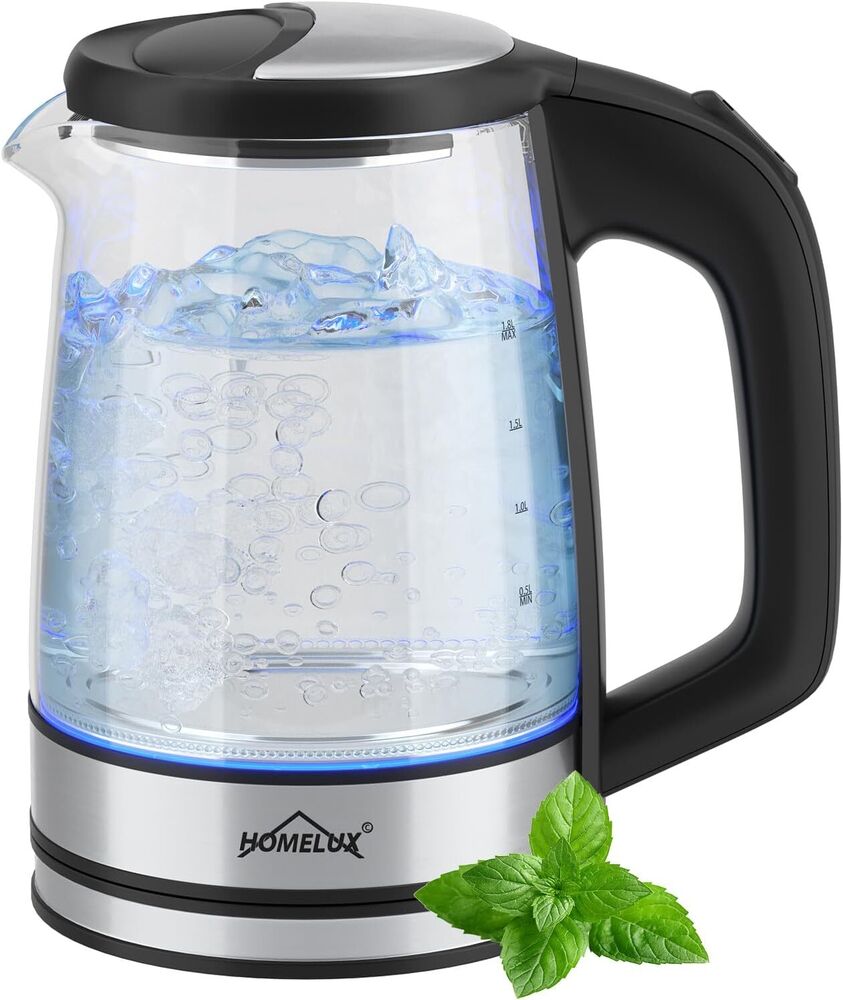 Wasserkocher Glas Edelstahl 1,8L Glaswasserkocher LED 1500W Teekocher BPA frei