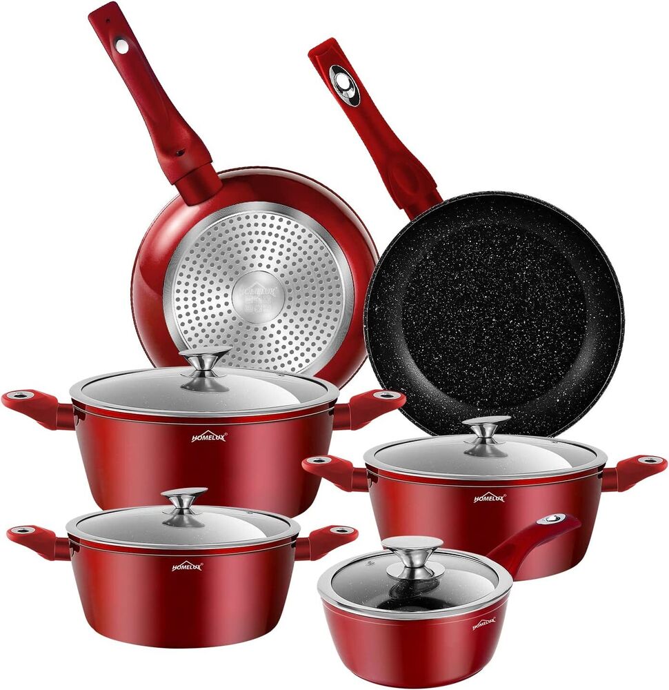 10 Piece Pot and Pan Set with Non-Stick Marble Coating. Homelux Durable Aluminum Dualble Cookware Induction Suitable 