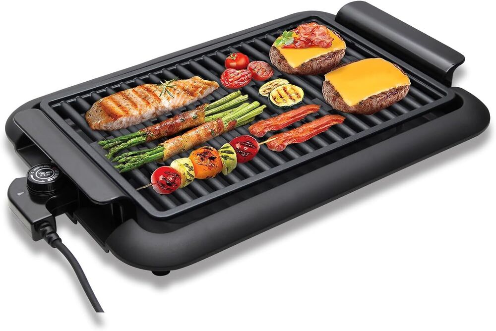 Electric grill 1200W: balcony &amp; portable, smoke-free. BBQ grill 38x25cm fast heating safe cooking constant temperature easy to clean