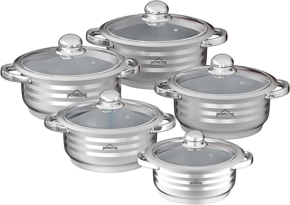 Pot set induction stainless steel cooking pot 10-piece with glass lid for all types of stoves 