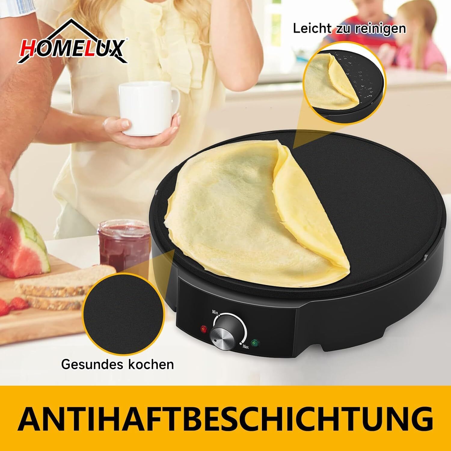 HOMELUX Crêpe Maker 1200W Vielseitig & effizient! Stufenlose Temperaturregelung, Antihaftbeschichtung, praktisches Zubehör, einfache Reinigung