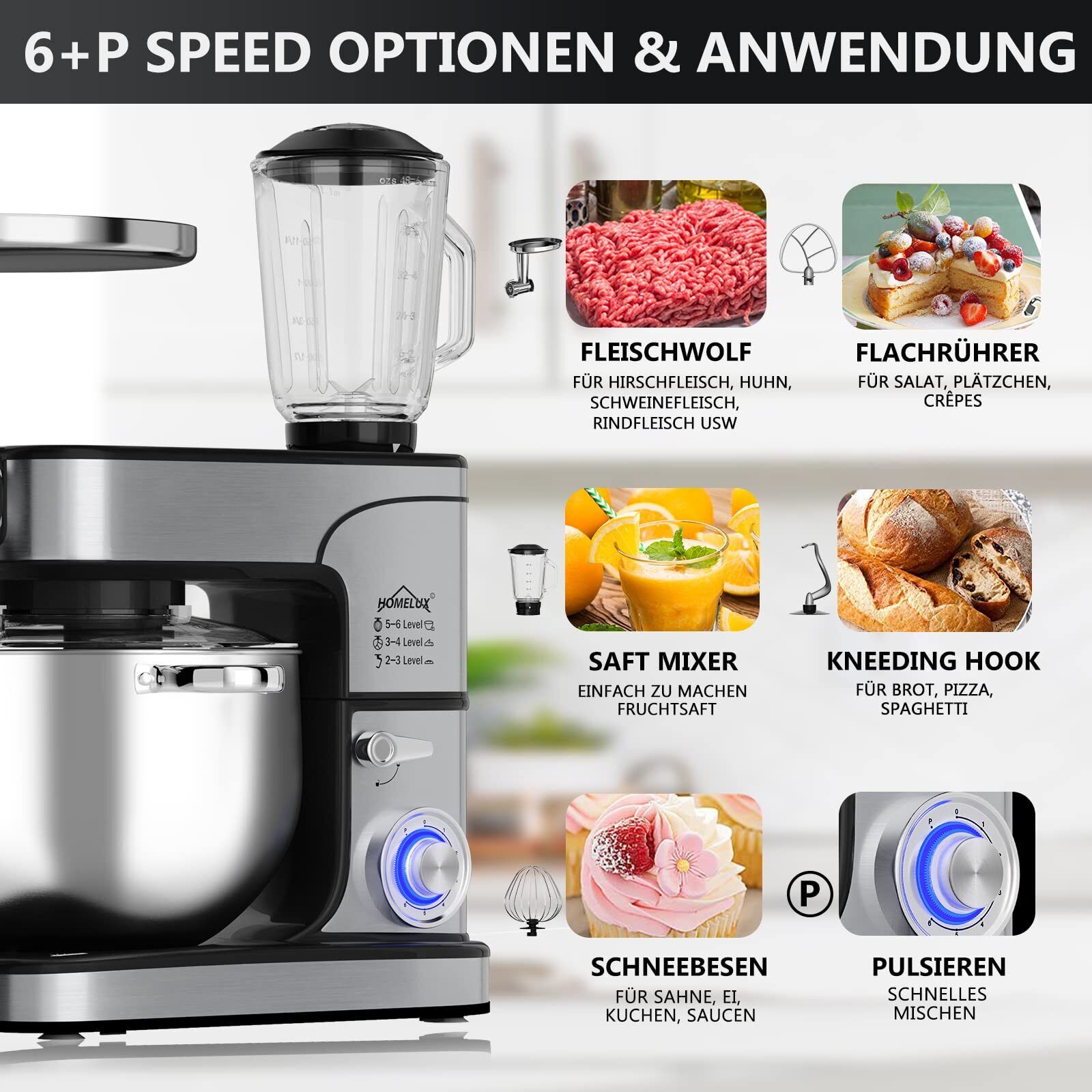 2500W 12 L Küchenmaschine, 6 Geschwindigkeiten, inkl 6-Teiligem Patisserie-Set