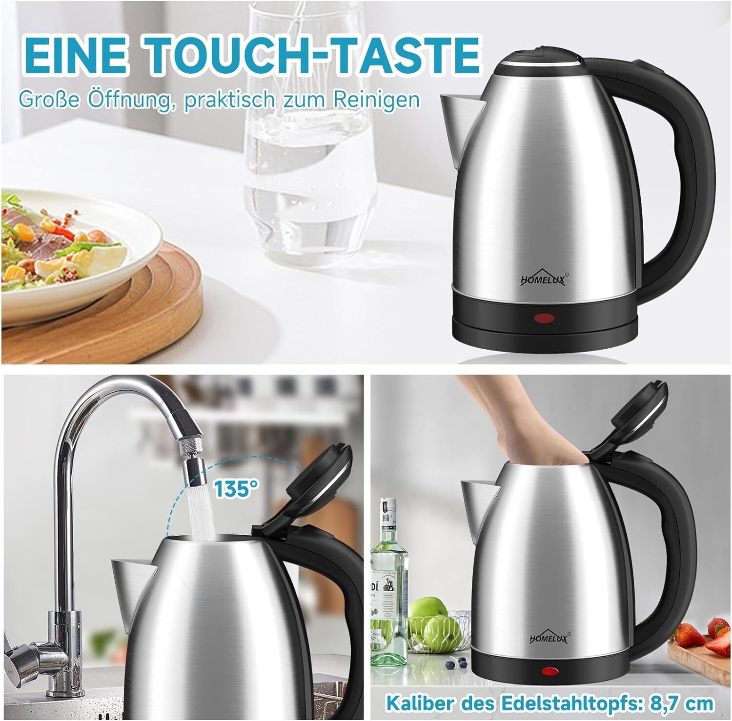 Wasserkocher Edelstahl 1,8L 2200 W Teekocher BPA frei Teekocher Wasserkessel