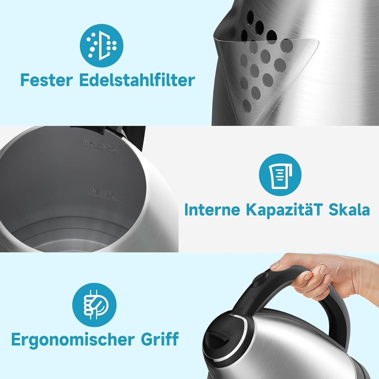 Wasserkocher Edelstahl 1,8L 2200 W Teekocher BPA frei Teekocher Wasserkessel