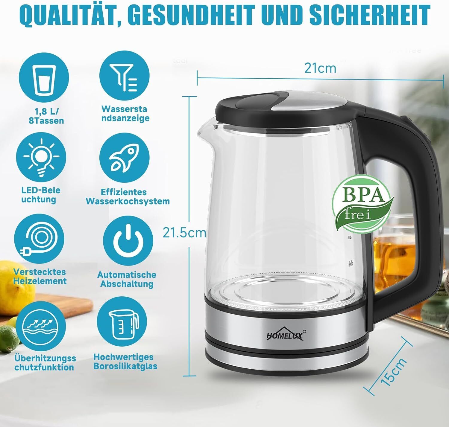 Wasserkocher Glas Edelstahl 1,8L Glaswasserkocher LED 1500W Teekocher BPA frei