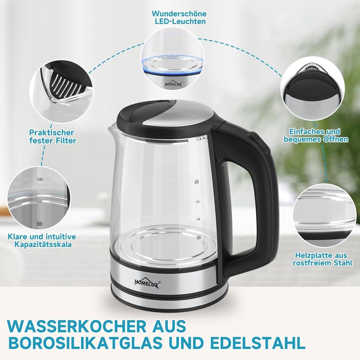 Wasserkocher Glas Edelstahl 1,8L Glaswasserkocher LED 1500W Teekocher BPA frei