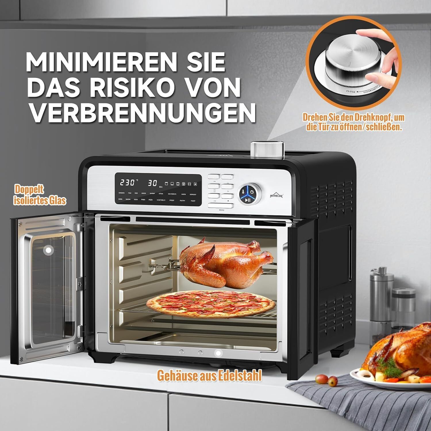 Heißluftfritteuse 28L Minibackofen mit Umluft XXL Grill 1700W Heißluft-Backofen