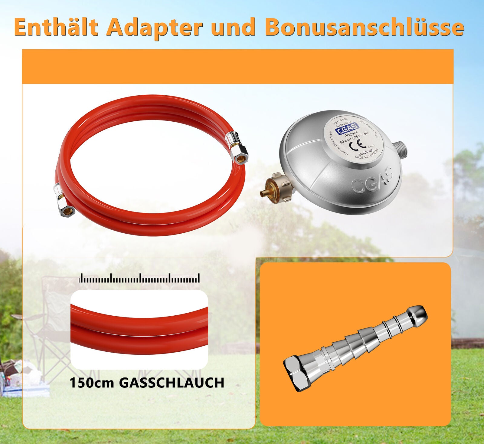 Camping Gaskocher Set, tragbar, 1,5M Anschlussschlauch, Druckminderer, leicht, einfach zu reinigen