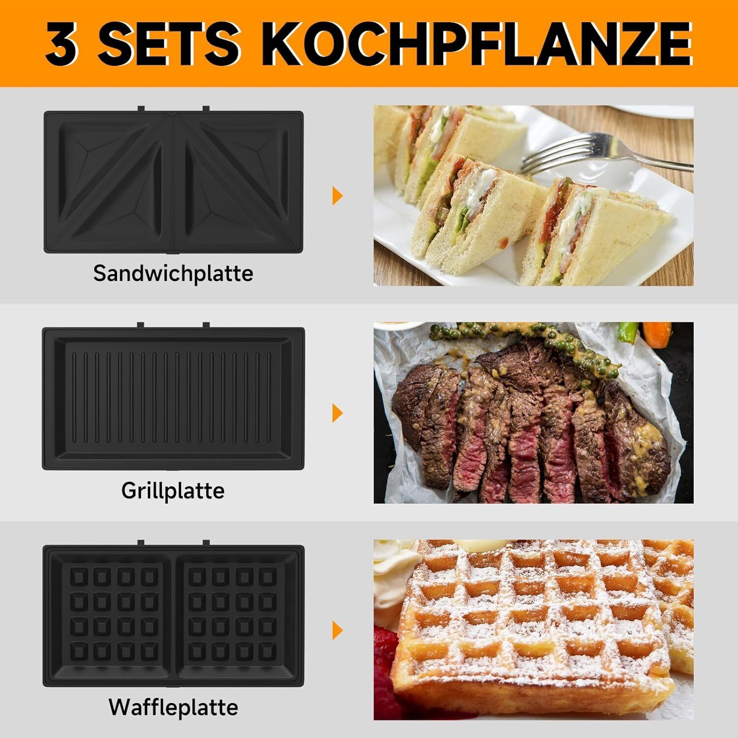 3-in-1 Sandwichtoaster & Waffeleisen von HOMELUX Kontaktgrill & Paninipresse, Antihaftbeschichtung, Leicht zu Reinigen