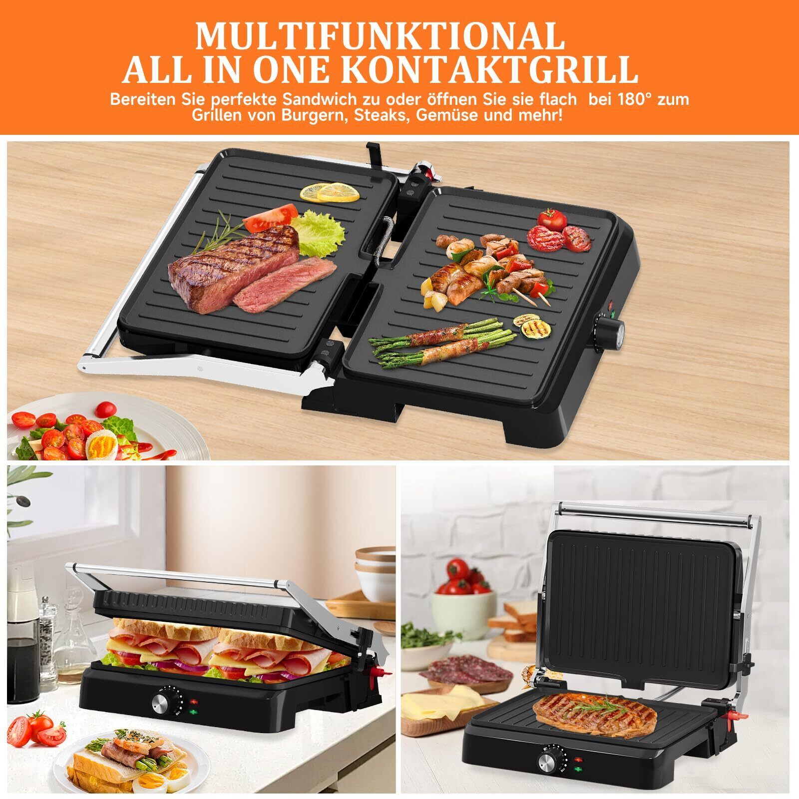 Kontaktgrill Sandwichmaker Panini Grill 2200W Toaster HOMELUX 34x23CM 3-in-1 Multifunktionsgrill für Paninis, Steaks, Sandwiches