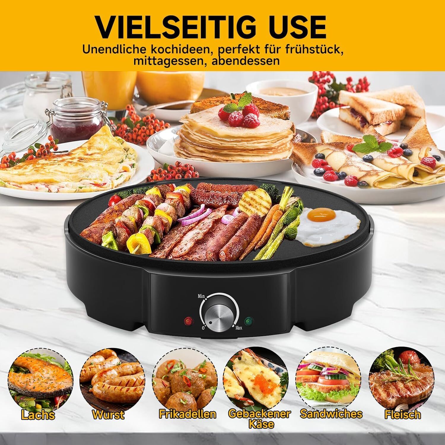 HOMELUX Crêpe Maker 1200W Vielseitig & effizient! Stufenlose Temperaturregelung, Antihaftbeschichtung, praktisches Zubehör, einfache Reinigung