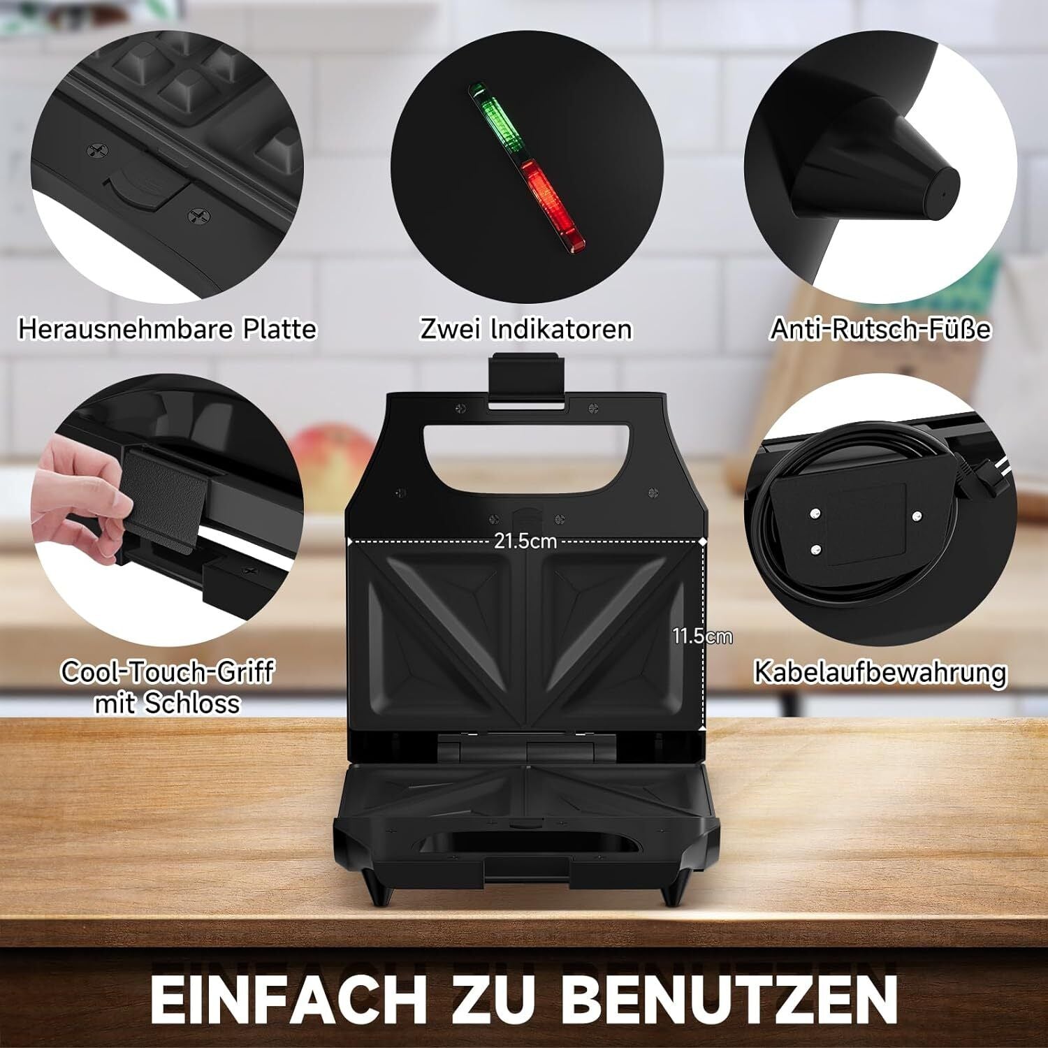 3-in-1 Sandwichtoaster & Waffeleisen von HOMELUX Kontaktgrill & Paninipresse, Antihaftbeschichtung, Leicht zu Reinigen