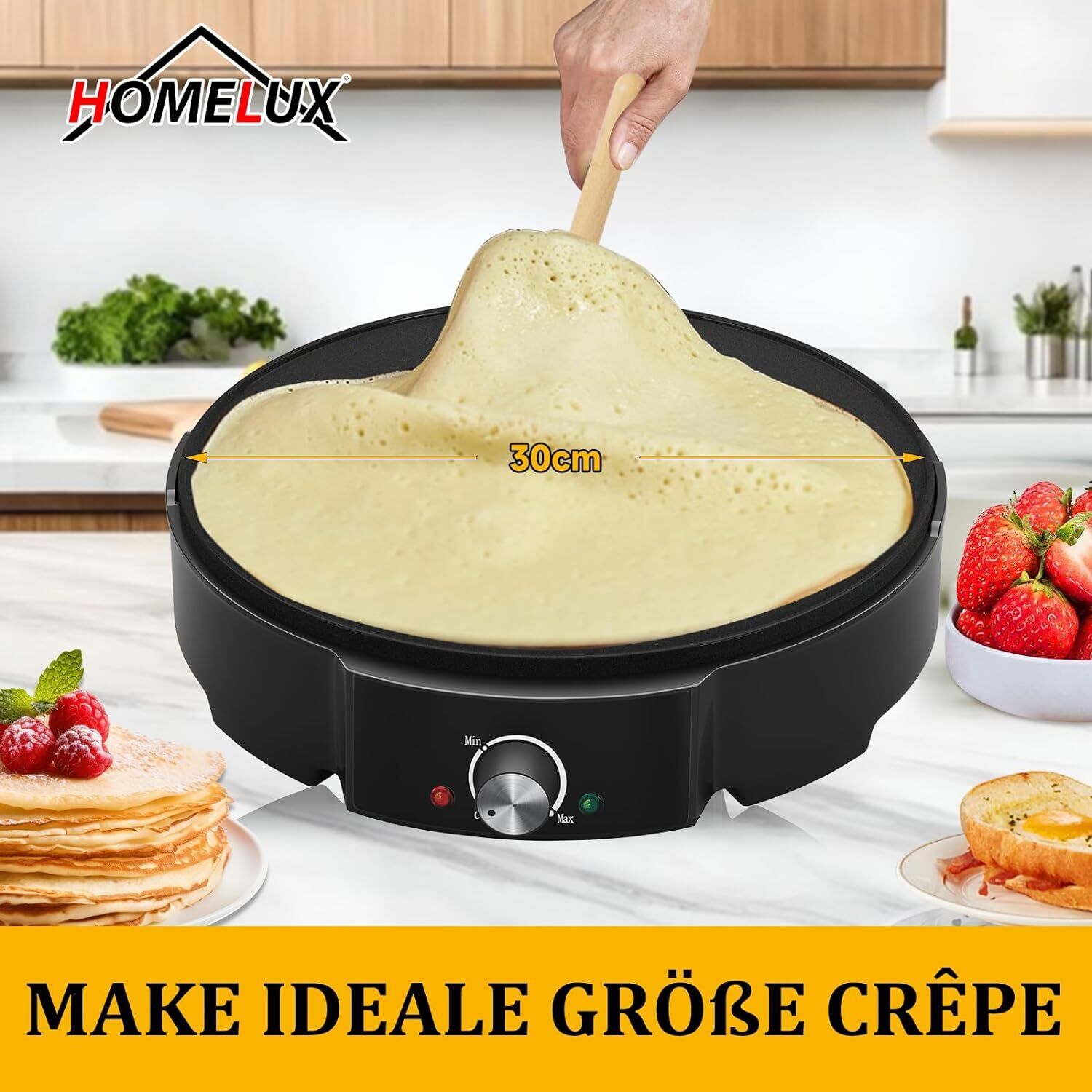 HOMELUX Crêpe Maker 1200W Vielseitig & effizient! Stufenlose Temperaturregelung, Antihaftbeschichtung, praktisches Zubehör, einfache Reinigung