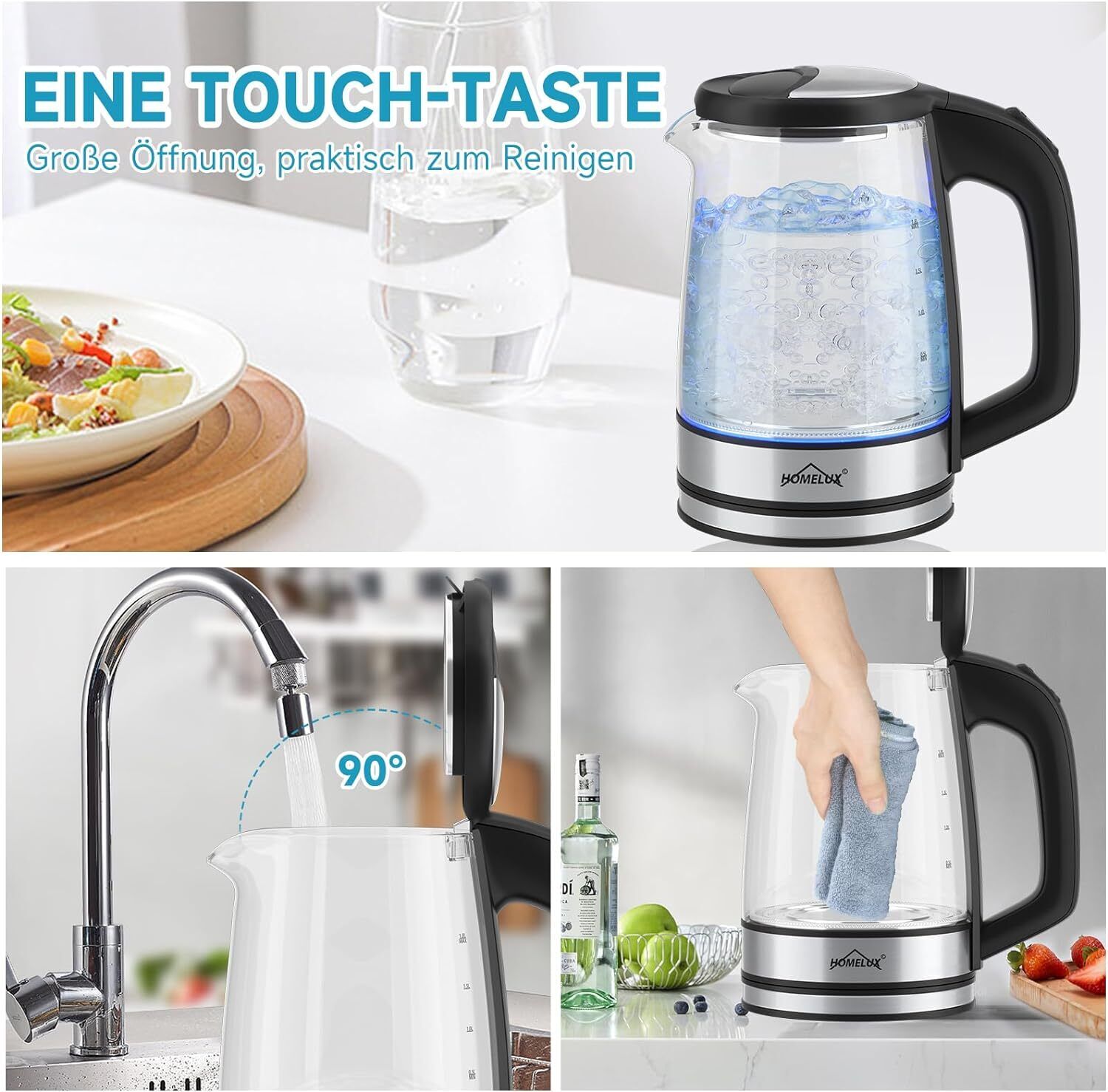 Wasserkocher Glas Edelstahl 1,8L Glaswasserkocher LED 1500W Teekocher BPA frei