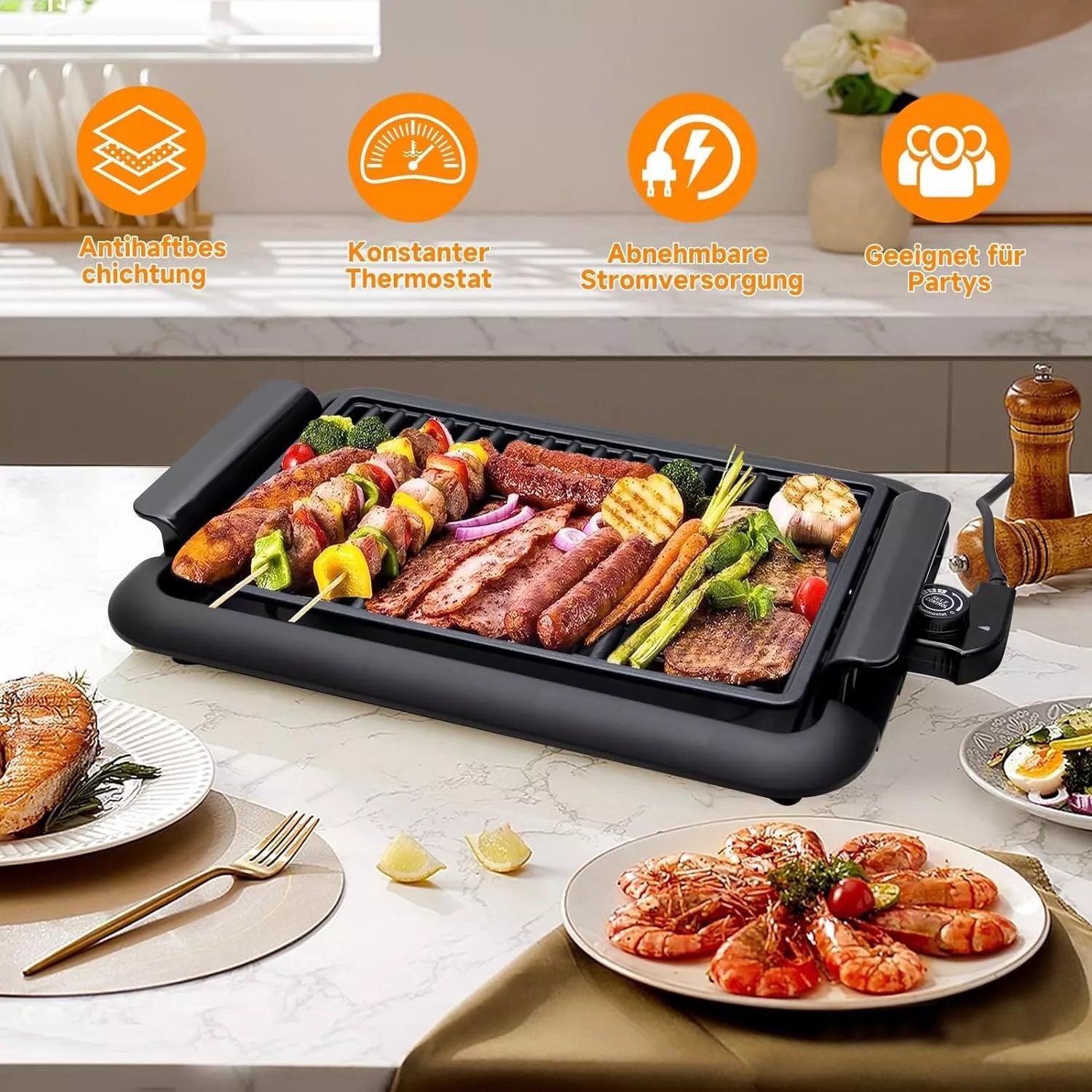 Electric grill 1200W: balcony &amp; portable, smoke-free. BBQ grill 38x25cm fast heating safe cooking constant temperature easy to clean