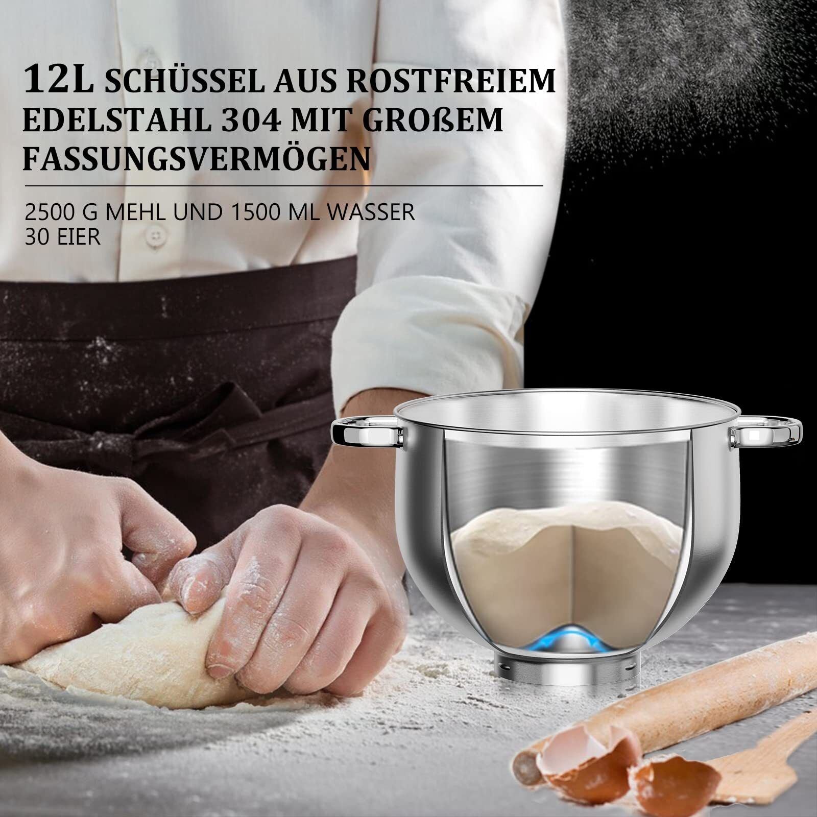 2500W 12 L Küchenmaschine, 6 Geschwindigkeiten, inkl 6-Teiligem Patisserie-Set