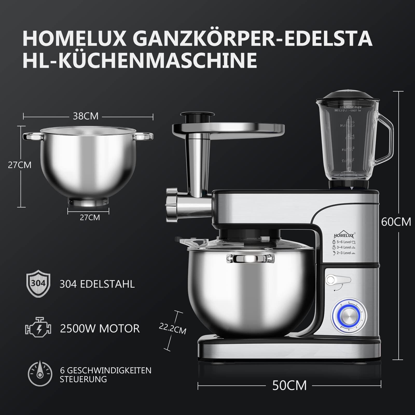 2500W 12 L Küchenmaschine, 6 Geschwindigkeiten, inkl 6-Teiligem Patisserie-Set