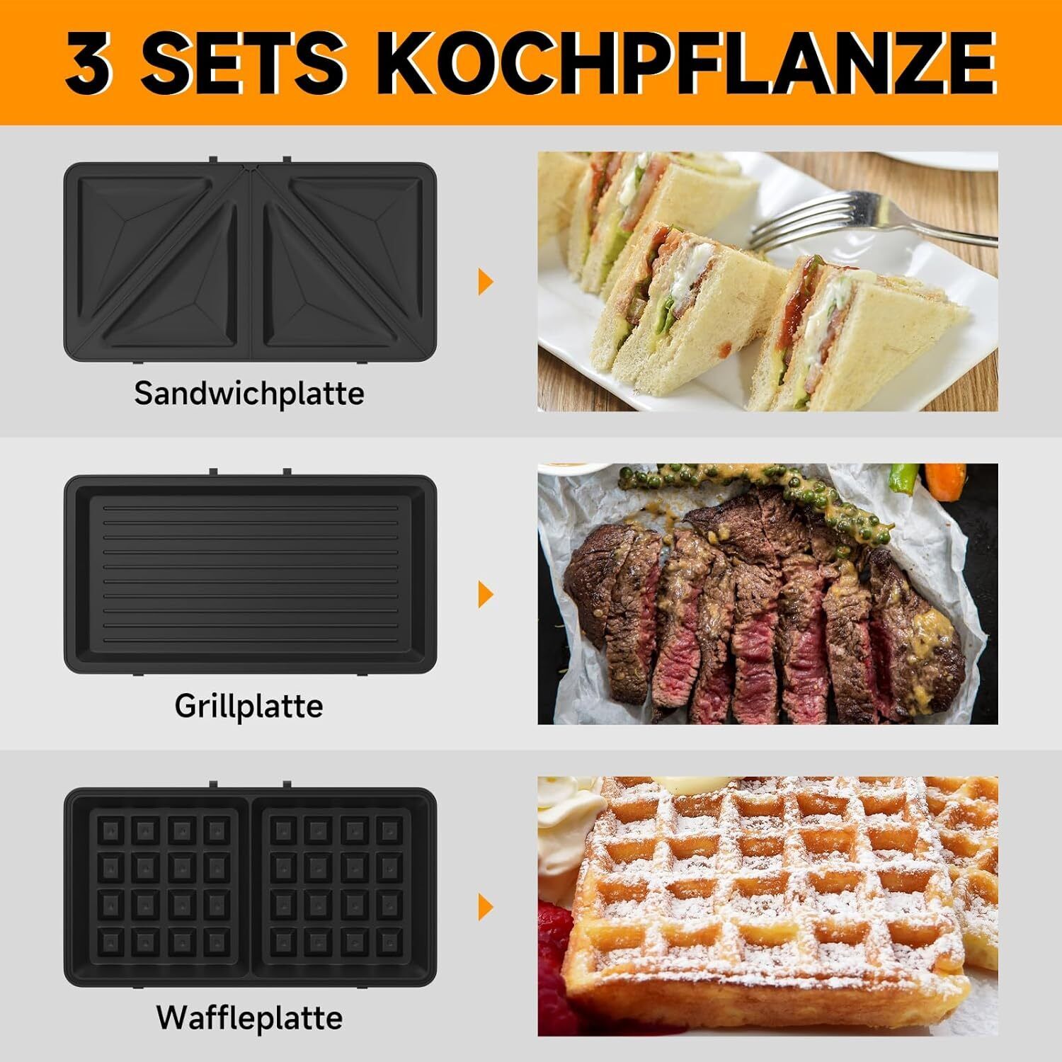 HOMELUX 3in1 Sandwichmaker 1000W Sandwichtoaster Waffeleisen Kontaktgrill