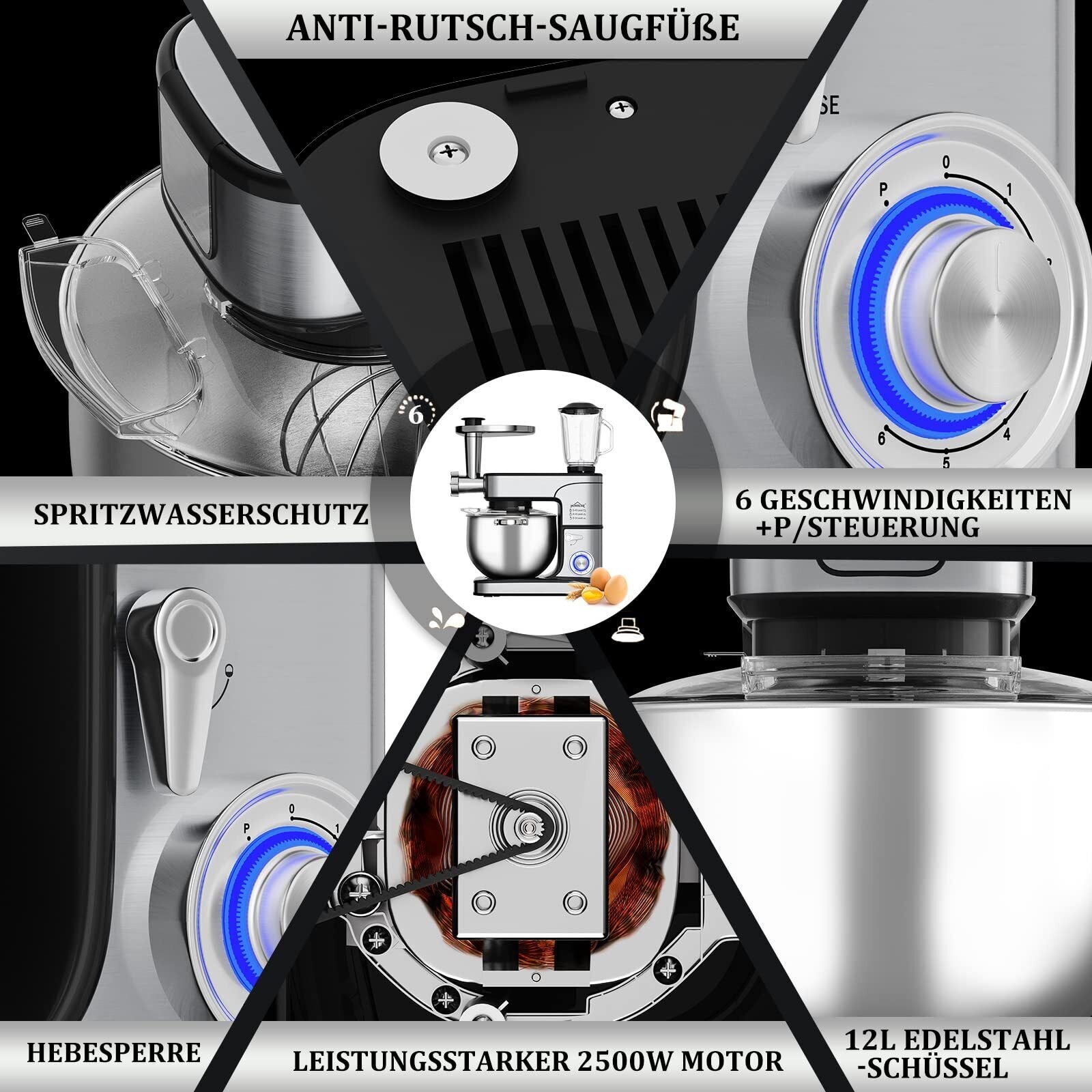 2500W 12 L Küchenmaschine, 6 Geschwindigkeiten, inkl 6-Teiligem Patisserie-Set