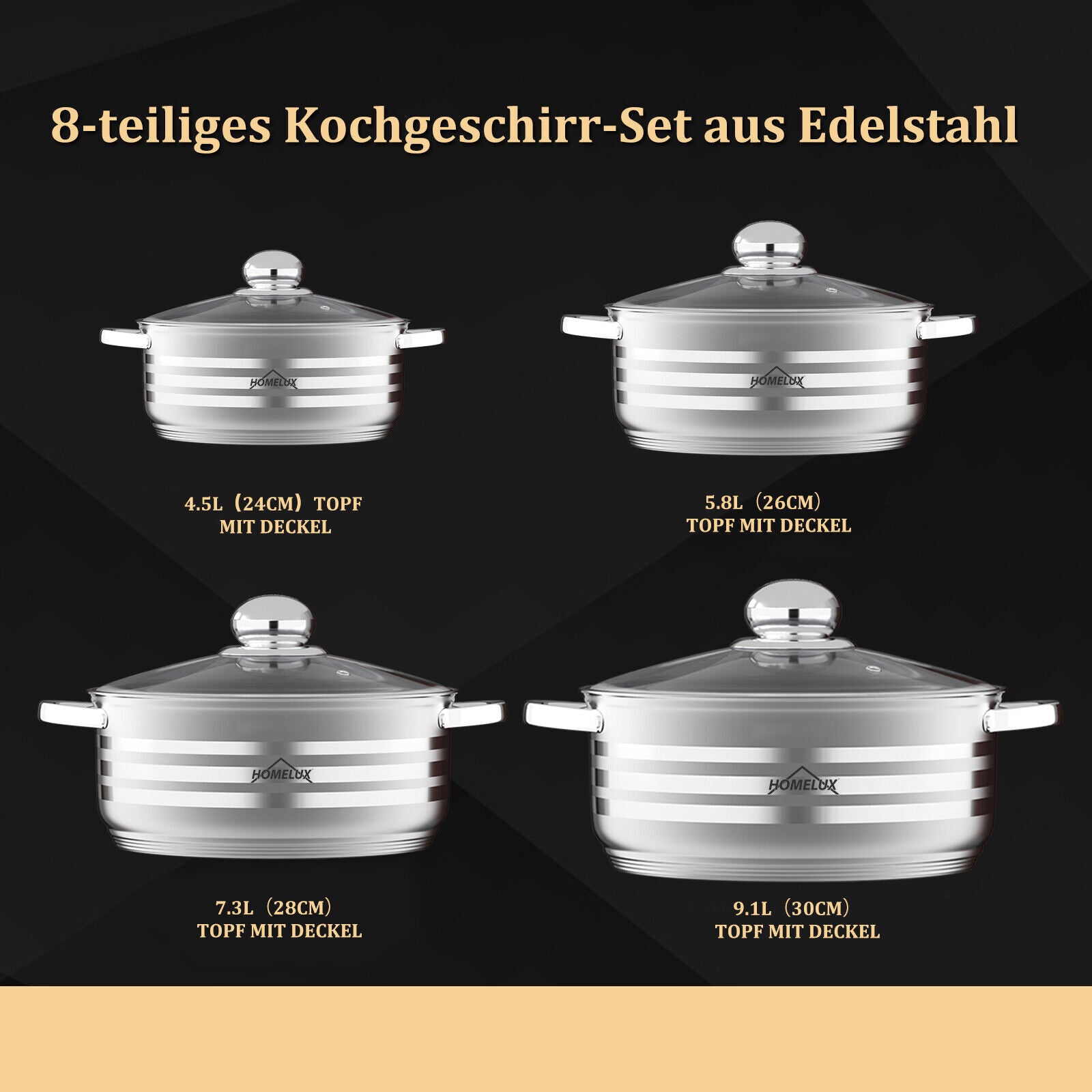 8-teilig Kochtopfset Induktion Homelux Glasdeckel Spülmaschinenfest Kompatibel mit allen Herdarten Langlebige Konstruktion klassisches Design