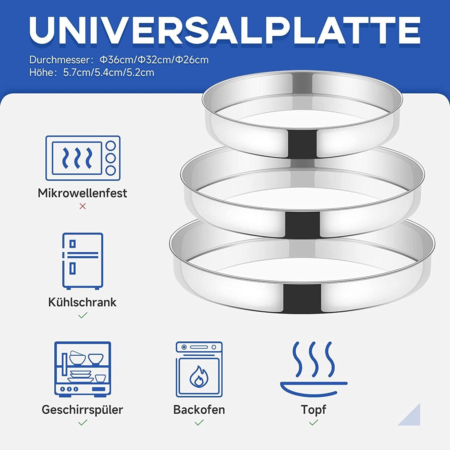 Backblech 3-tlg Edelstahl Auflaufform Φ26cm/Φ32cm/Φ36cm Rund Tiefes Ofenblech