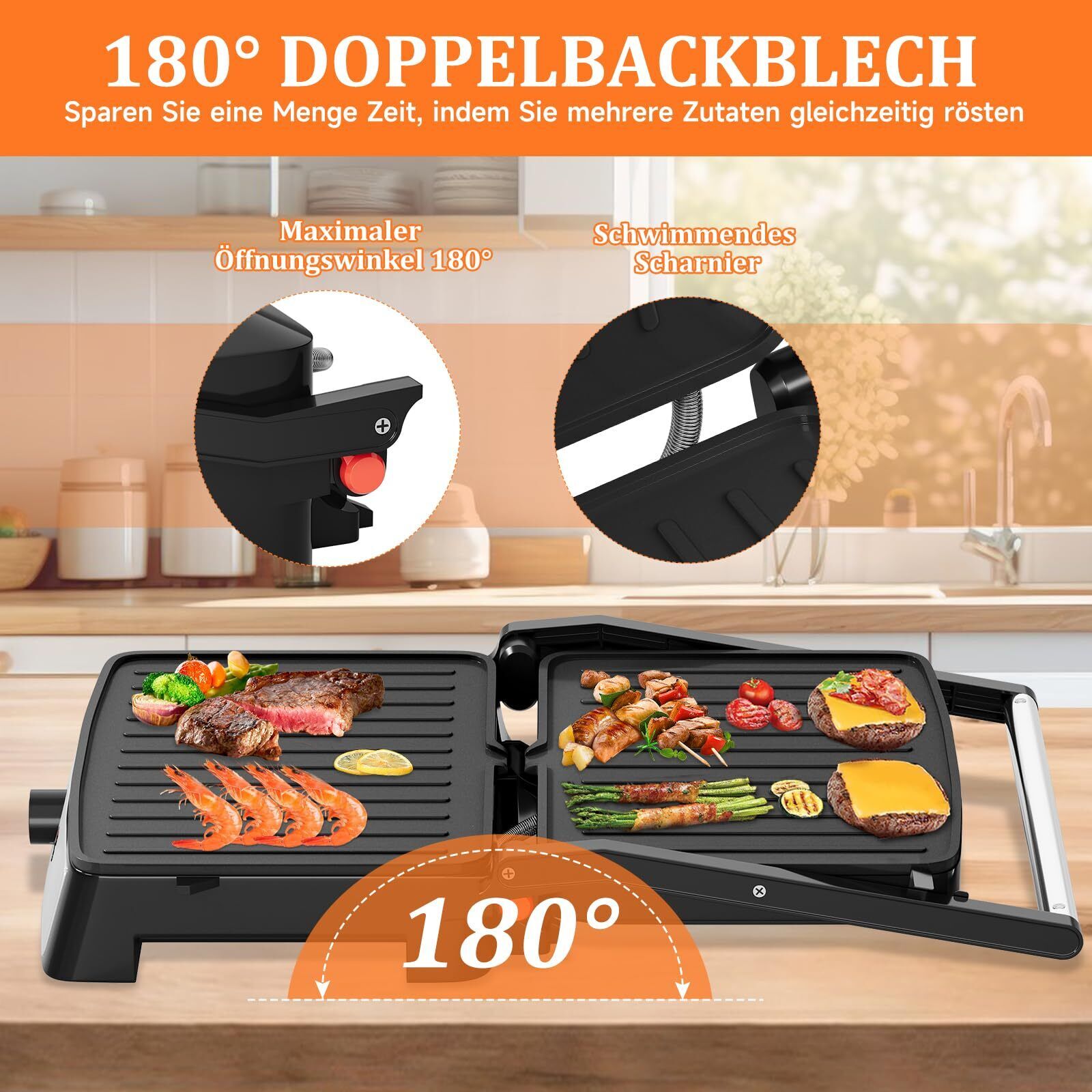 Kontaktgrill Sandwichmaker Panini Grill 2200W Toaster HOMELUX 34x23CM 3-in-1 Multifunktionsgrill für Paninis, Steaks, Sandwiches