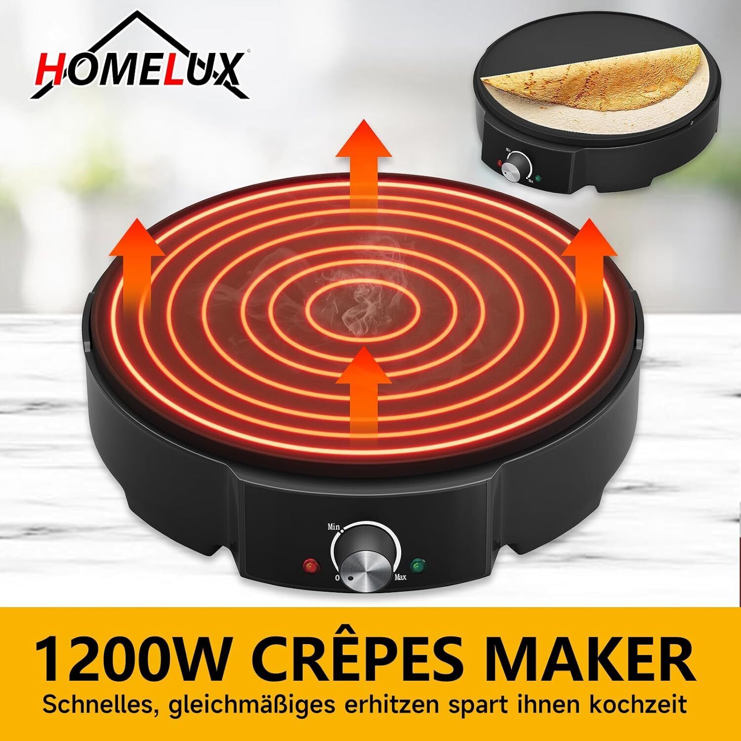 HOMELUX Crêpe Maker 1200W Vielseitig & effizient! Stufenlose Temperaturregelung, Antihaftbeschichtung, praktisches Zubehör, einfache Reinigung