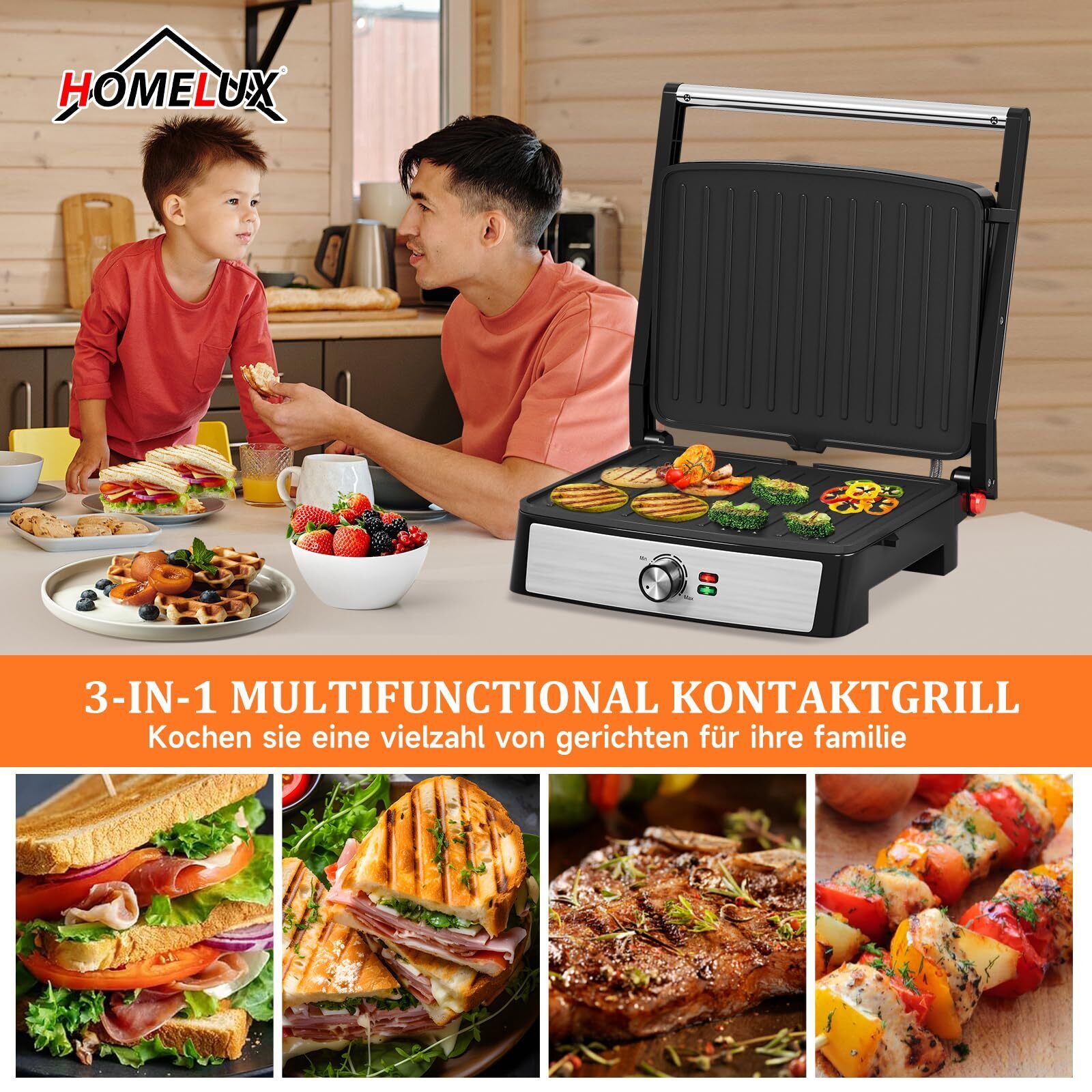 Kontaktgrill Sandwichmaker Panini Grill 2200W Toaster HOMELUX 34x23CM 3-in-1 Multifunktionsgrill für Paninis, Steaks, Sandwiches