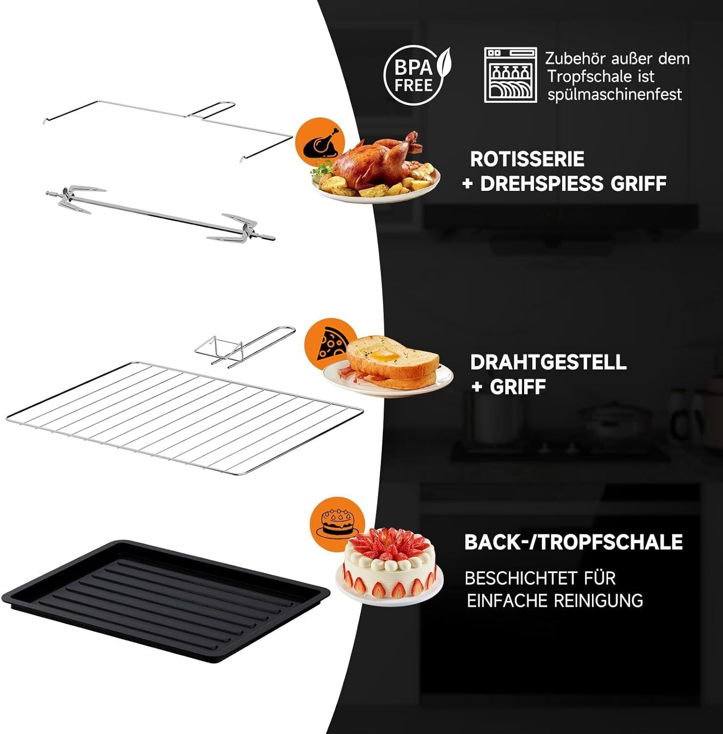 Minibackofen mit Kochplatten und Drehspieß 48L Mini Backofen 3600W Pizzaofen