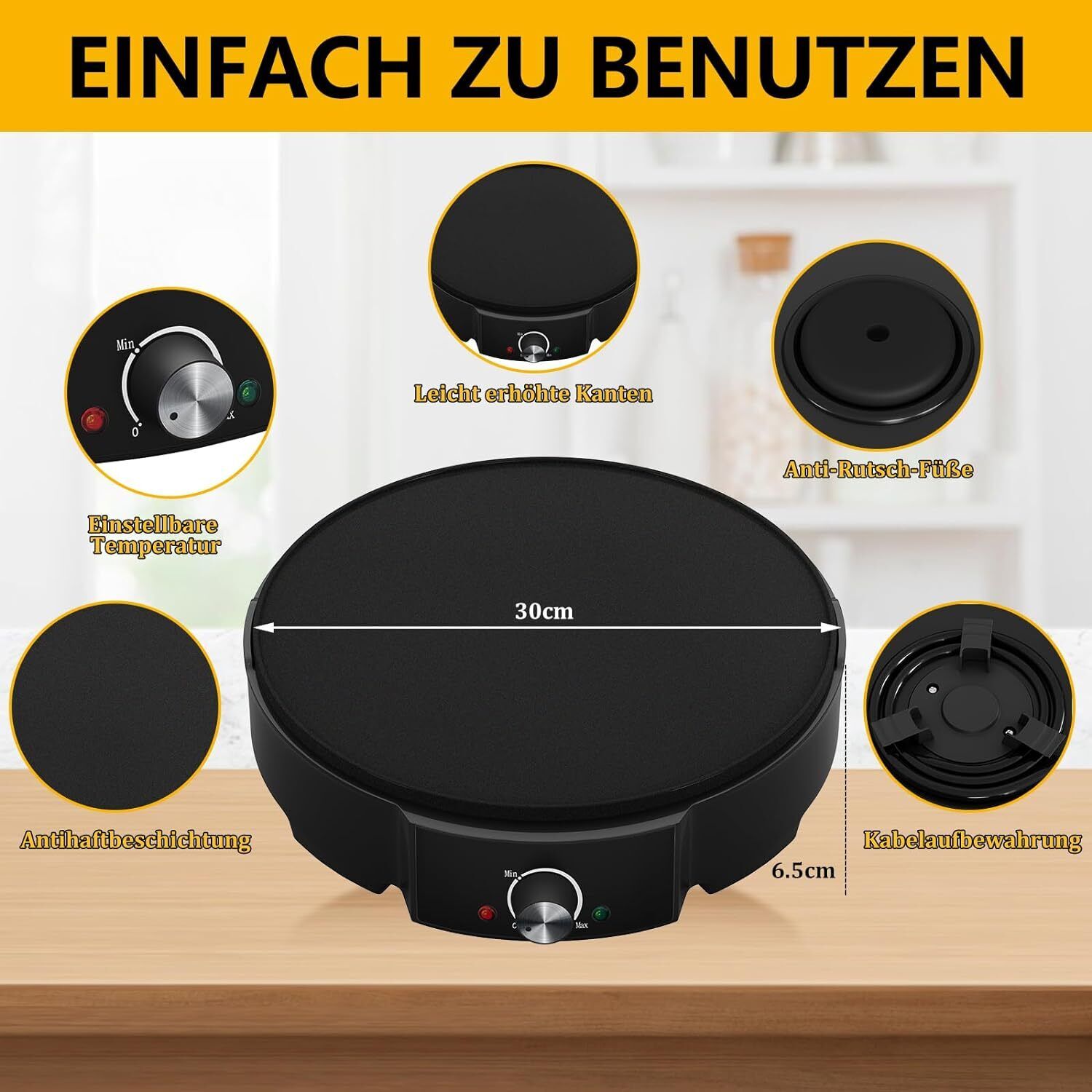 HOMELUX Crêpe Maker 1200W Vielseitig & effizient! Stufenlose Temperaturregelung, Antihaftbeschichtung, praktisches Zubehör, einfache Reinigung