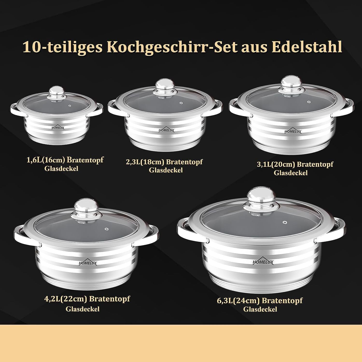 Topfset induktion Edelstahl Kochtopf 10-teilig mit Glasdeckel für alle Herdarten