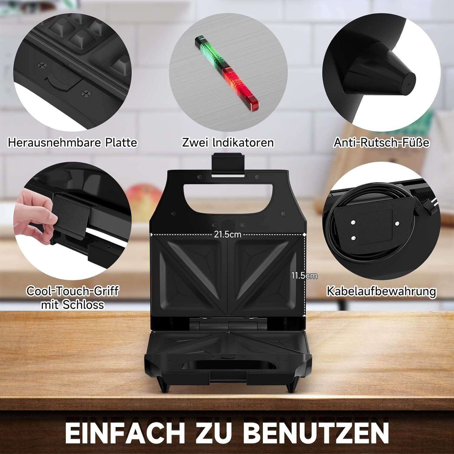 3-in-1 Sandwichtoaster & Waffeleisen von HOMELUX Kontaktgrill & Paninipresse, Antihaftbeschichtung, Leicht zu Reinigen