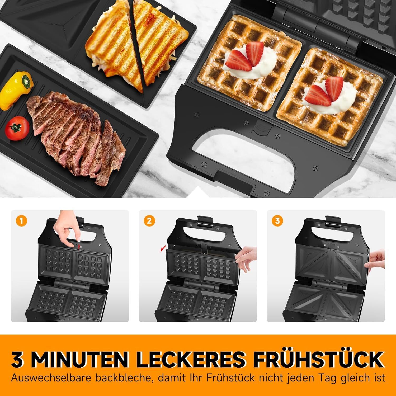 3-in-1 Sandwichtoaster & Waffeleisen von HOMELUX Kontaktgrill & Paninipresse, Antihaftbeschichtung, Leicht zu Reinigen