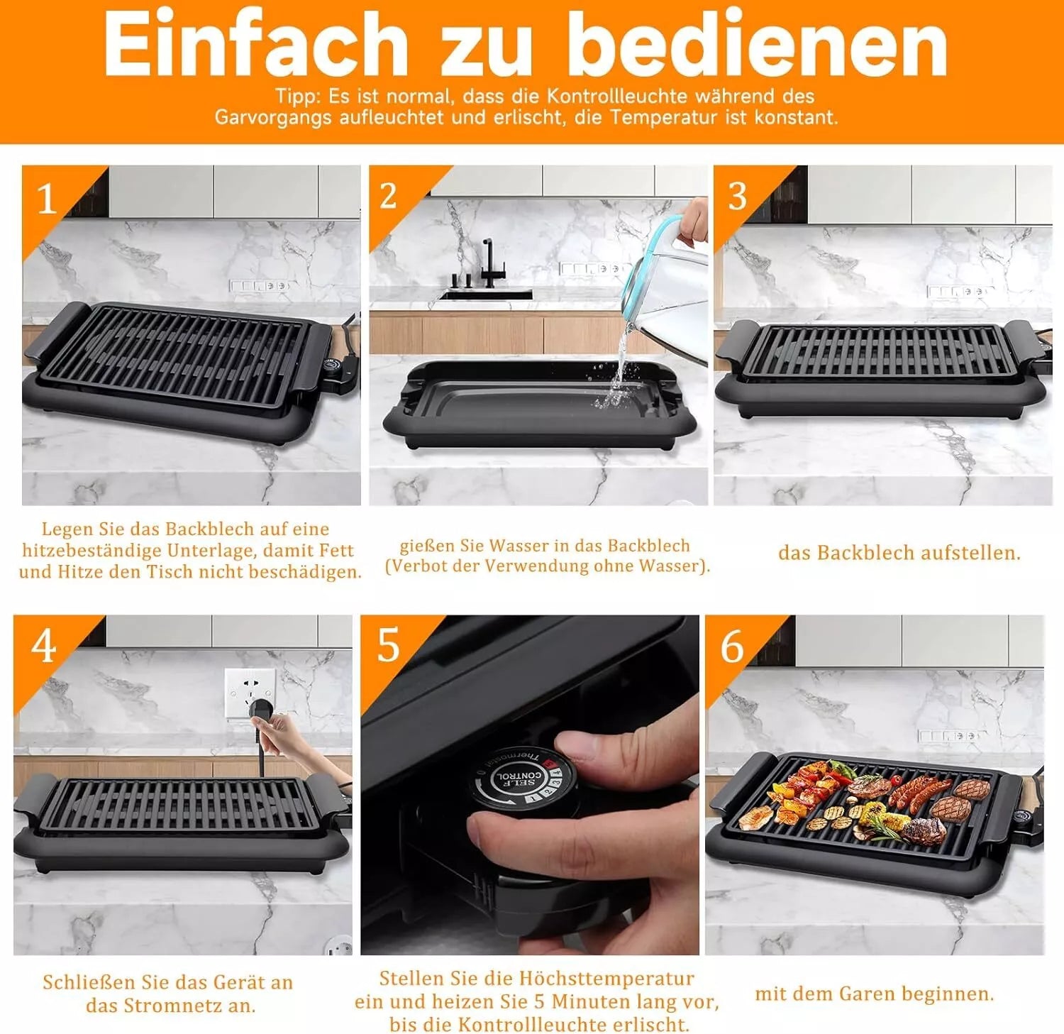 Elektrogrill 1200W: Balkon & tragbar, rauchfrei. BBQ Grill 38x25cm Schnellheizung sicheres Kochen konstante Temperatur leicht zu reinigen