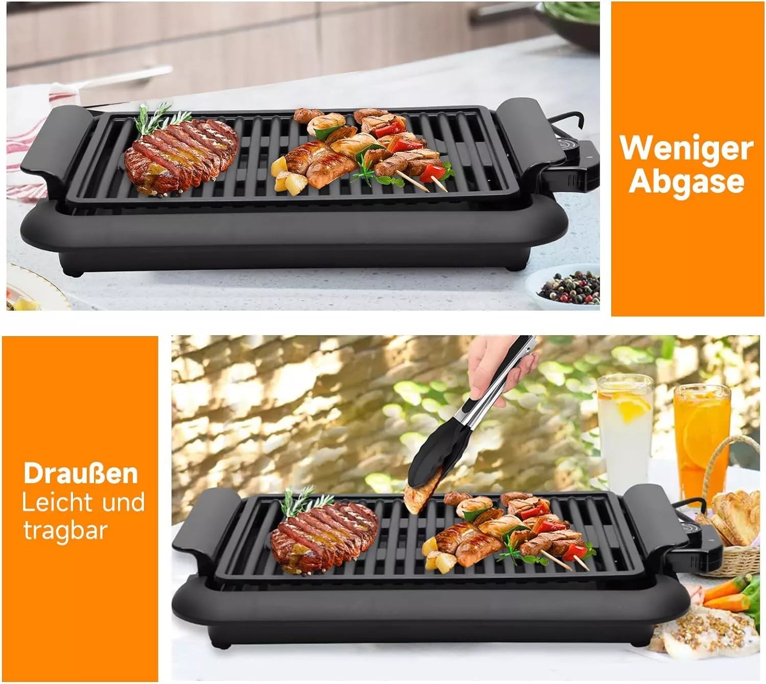 Electric grill 1200W: balcony &amp; portable, smoke-free. BBQ grill 38x25cm fast heating safe cooking constant temperature easy to clean