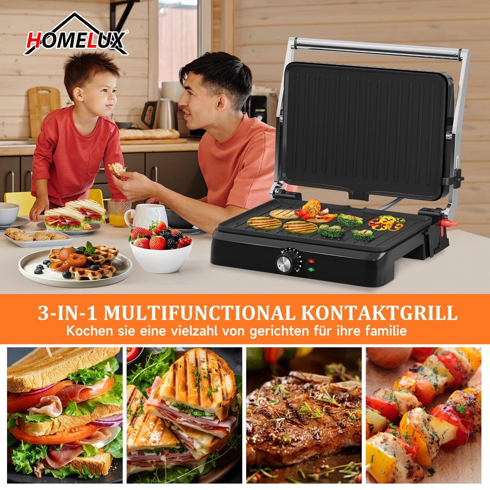 Kontaktgrill Sandwichmaker Panini Grill 2200W Toaster HOMELUX 34x23CM 3-in-1 Multifunktionsgrill für Paninis, Steaks, Sandwiches