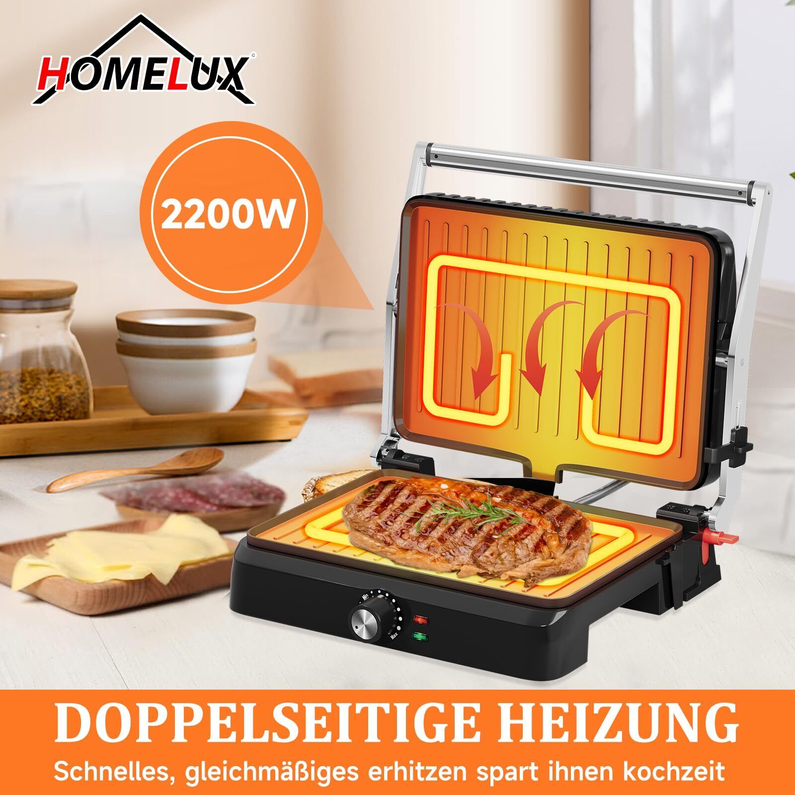 Kontaktgrill Sandwichmaker Panini Grill 2200W Toaster HOMELUX 34x23CM 3-in-1 Multifunktionsgrill für Paninis, Steaks, Sandwiches