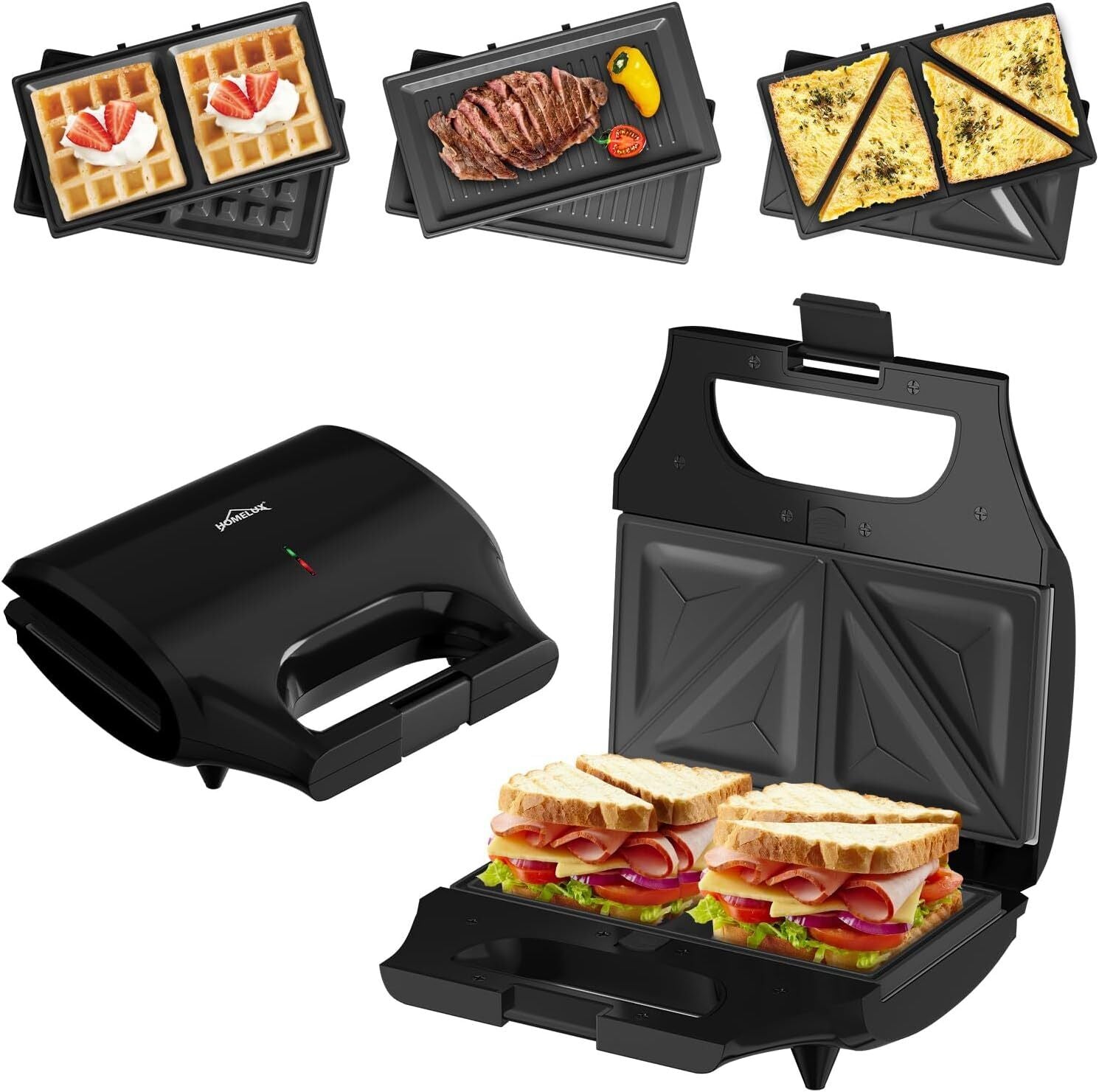 3-in-1 Sandwichtoaster & Waffeleisen von HOMELUX Kontaktgrill & Paninipresse, Antihaftbeschichtung, Leicht zu Reinigen