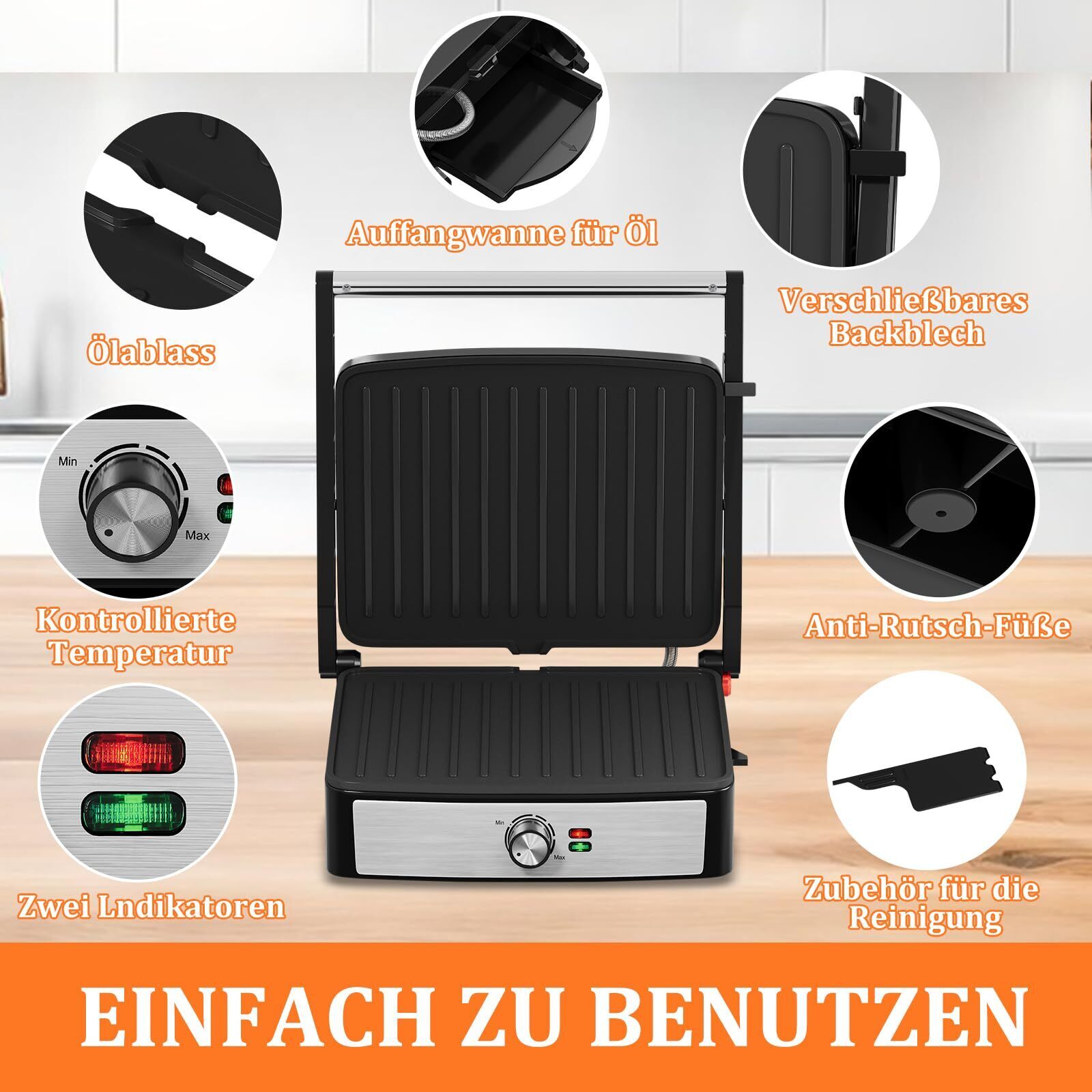 Kontaktgrill Sandwichmaker Panini Grill 2200W Toaster HOMELUX 34x23CM 3-in-1 Multifunktionsgrill für Paninis, Steaks, Sandwiches